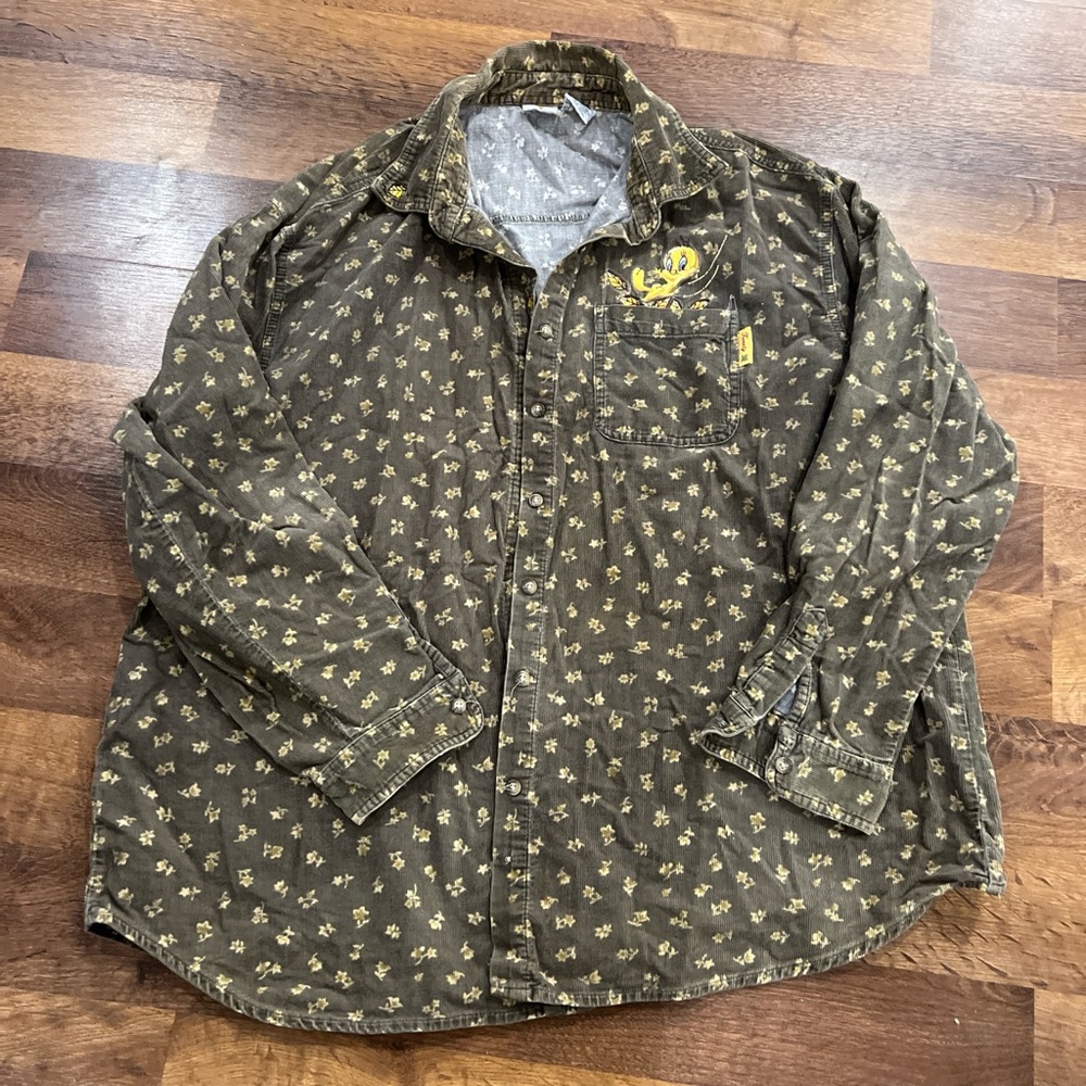 Women’s Olive Green Button-Down Shirt with Yellow Print
